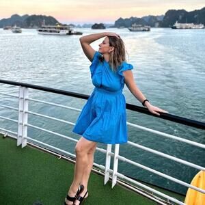 Line & Dot Blue A-Line Cap Sleeves Mockneck Ruffle Sleeves Mini Dress Size M